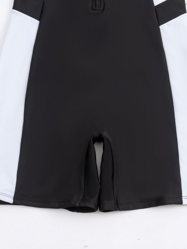 New one-piece swimsuit women's color blocked conservative zipper solid color half sleeve swimsuit