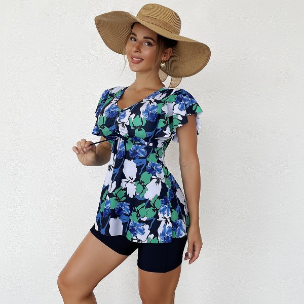 New skirt style printed swimsuit women's belly covering flat corner conservative Tankini set