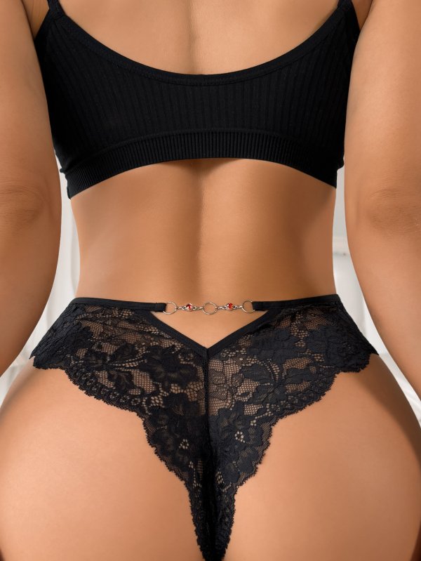 Black Floral Lace Low-Rise Thong with Red Gem Back Detail: Breathable Multi-Color Teen Underwear