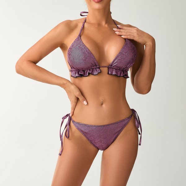 Black/Rose Red Plaid Halter Bikini Set: Ruffled Push-Up Swimsuit