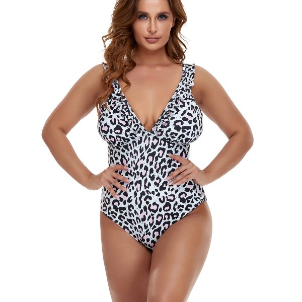 New women's one-piece swimsuit with fat printed ruffle edges, conservative plus size swimsuit