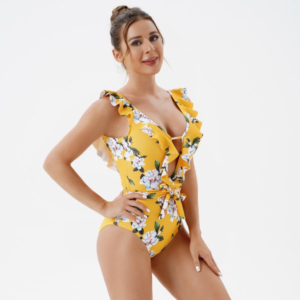 New shallow V-backless women's swimsuit with printed one-piece ruffle edge swimsuit for women