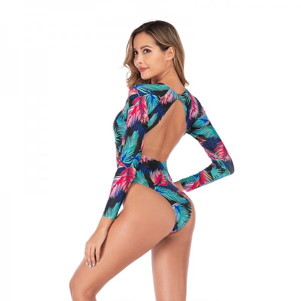 New tropical printed one-piece swimsuit with long sleeves and sun protection for women