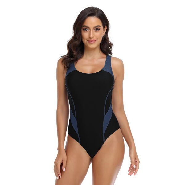 New competitive women's tight fitting color blocking conservative one-piece swimsuit