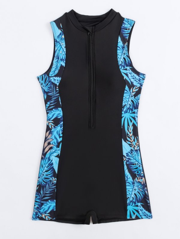 New one-piece printed spliced flat angle swimsuit for women's surfing wear
