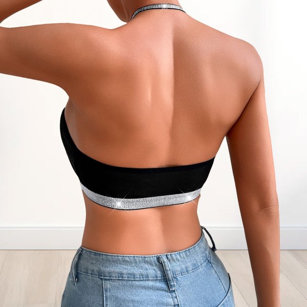 Black Halter Neck Bralette with Glitter Straps: Low-Back Push-Up Y2K Lingerie