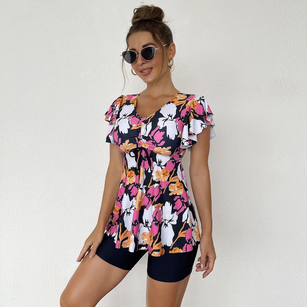 New skirt style printed swimsuit women's belly covering flat corner conservative Tankini set