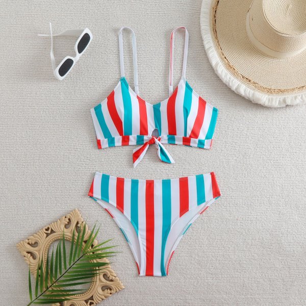 Striped high waisted bow split swimsuit for women, bikini