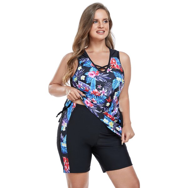 New Split Swimsuit Color blocked Conservative Printed Tankini Set Swimsuit for Women