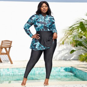 New one-piece swimsuit women's printed zipper skirt style long sleeved plus size swimsuit