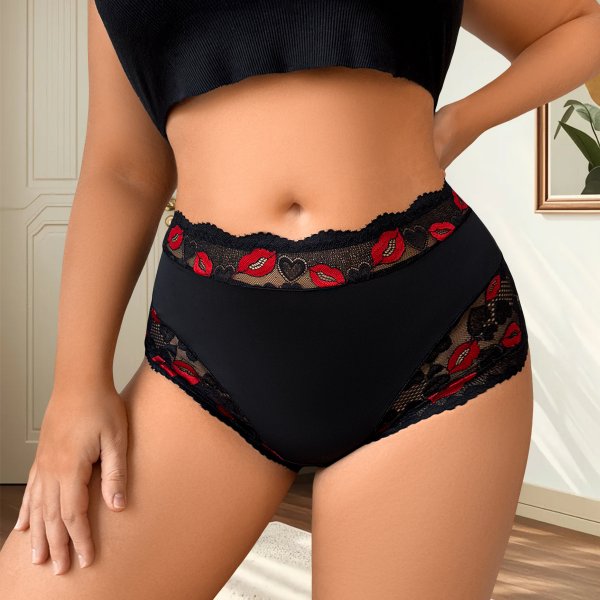 Plus Size Black Red Lip Print Lace Boyshort: Lifting & Breathable Teen Underwear