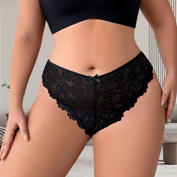 Plus Size Black Floral Lace Thong: Invisible Breathable Nylon Underwear for Women