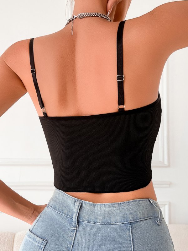 Black Ribbed Lace-Up Cami Bralette (Full Cup, Luxe Style)