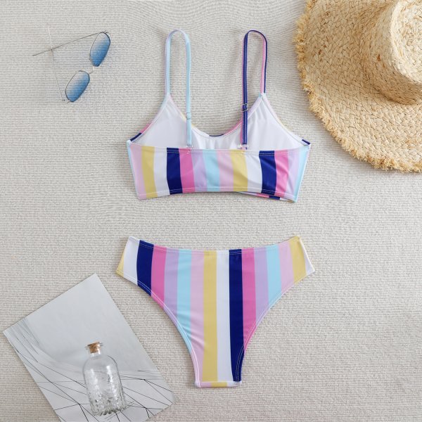Striped high waisted bow split swimsuit for women, bikini