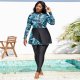 New one-piece swimsuit women's printed zipper skirt style long sleeved plus size swimsuit