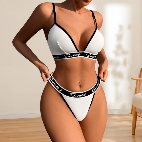 White & Black 'Sweet' Bralette & Thong Set: Low-Back Push-Up Lingerie