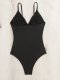 New one-piece black tight conservative V-neck camisole swimsuit for women