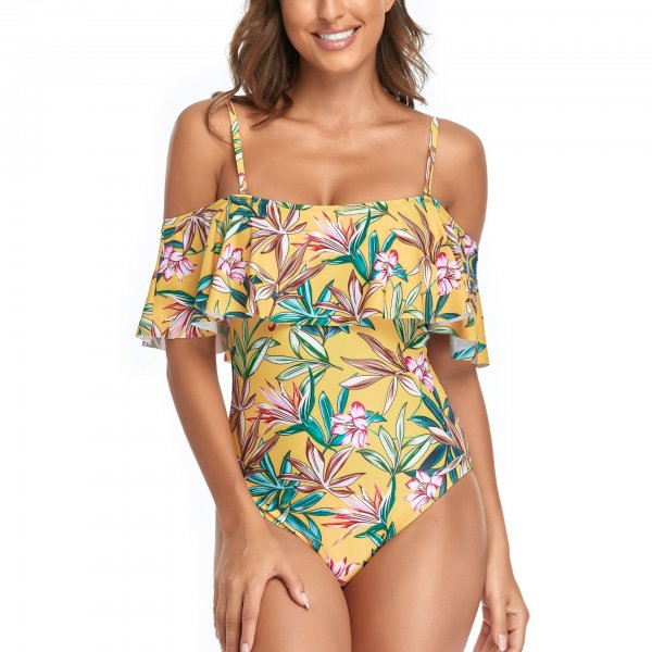 New one-piece swimsuit conservative tight print ruffle edge swimsuit for women