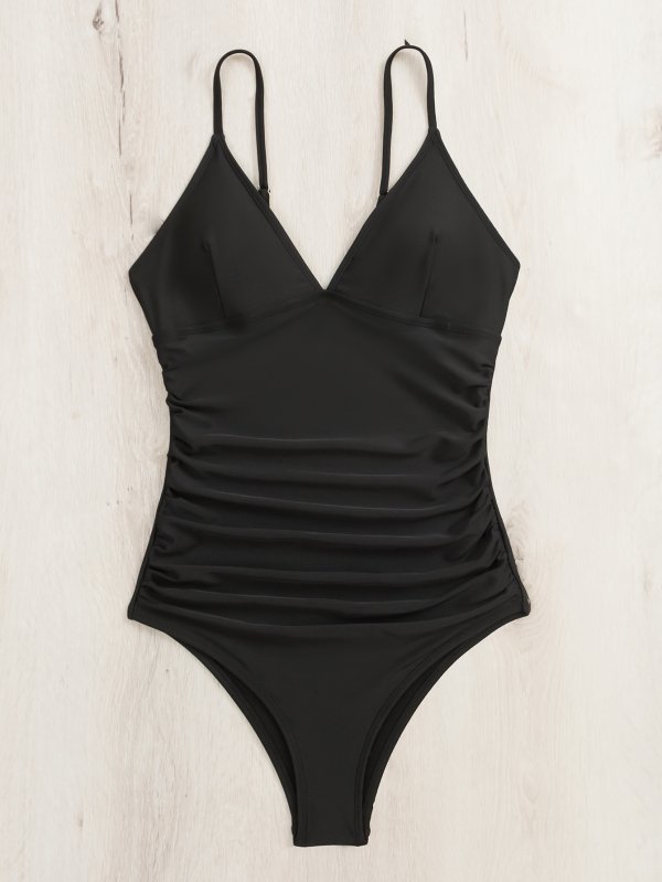 New one-piece black tight conservative V-neck camisole swimsuit for women