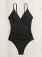 New one-piece black tight conservative V-neck camisole swimsuit for women