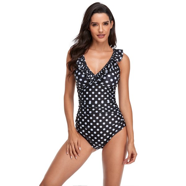 New solid color printed swimsuit with sexy ruffle edge one-piece swimsuit for women