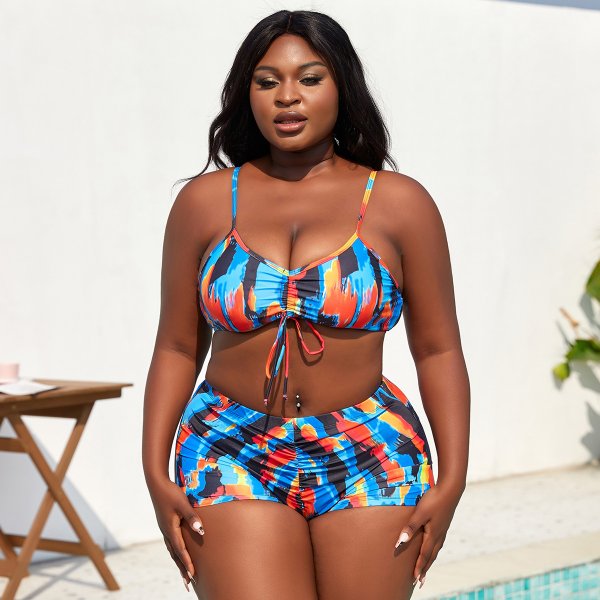 New Split Swimsuit Large Size Printed Mesh Three Piece Set for Women