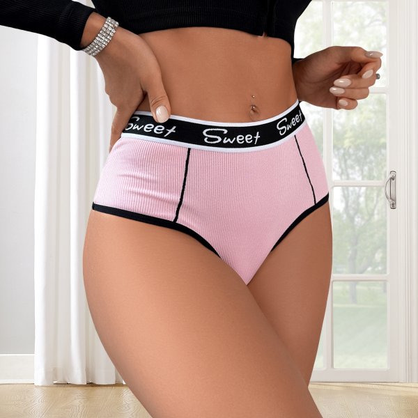 Pink Ribbed High-Waisted Briefs with 'Sweet' Waistband: Invisible Breathable Teen Underwear (S-XL)