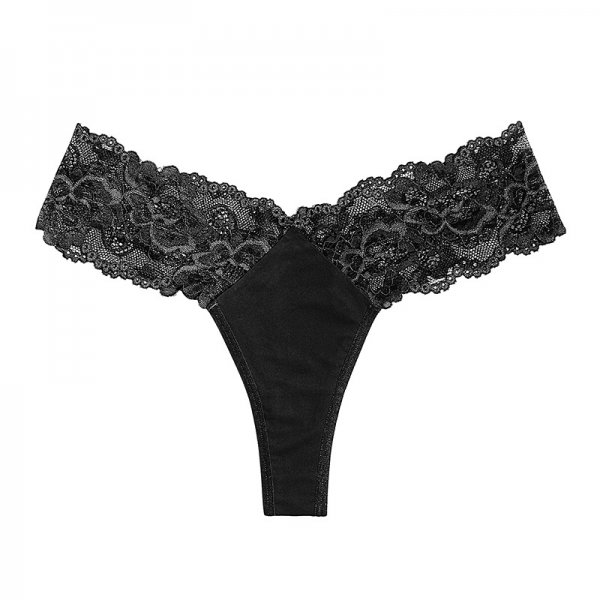Women's thong sexy perspective mid waist hollow lace underwear thin and transparent