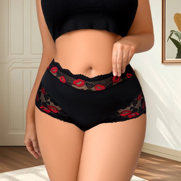 Plus Size Black Red Lip Print Lace Boyshort: Lifting & Breathable Teen Underwear