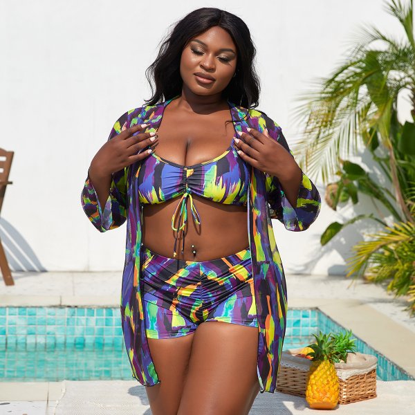 New Split Swimsuit Large Size Printed Mesh Three Piece Set for Women