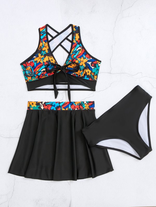 New swimsuit three piece printed fashionable sexy skirt style bikini women's swimsuit