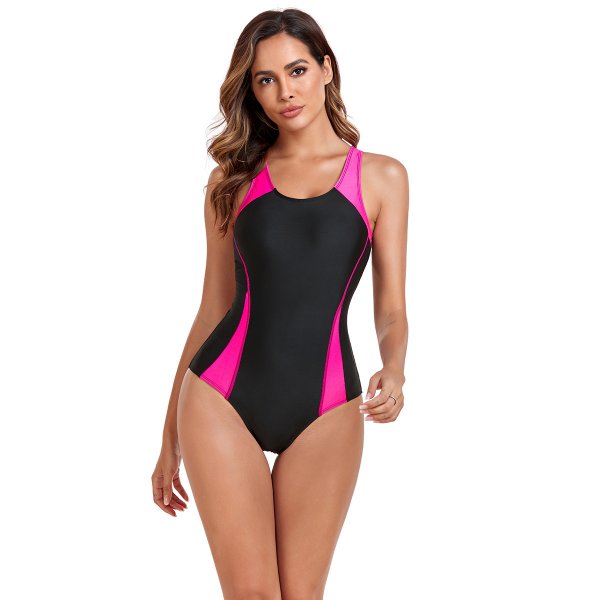 New one-piece swimsuit solid color sports conservative splicing competitive swimsuit for women