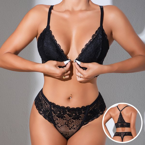 Black Lace Plunge Bralette & Thong Set: Cross-Back Pure Desire Lingerie (S-XL)