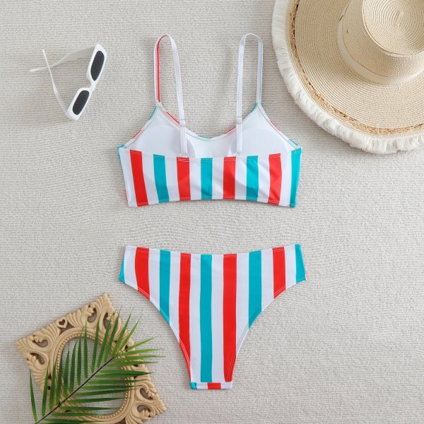 Striped high waisted bow split swimsuit for women, bikini