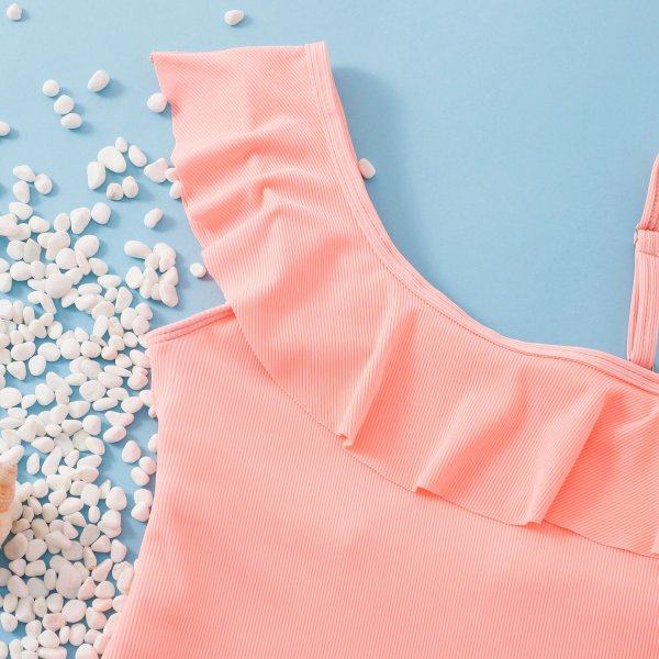Children's swimsuit fashion slanted shoulder solid color ruffle edge girls' swimsuit hot spring swimsuit