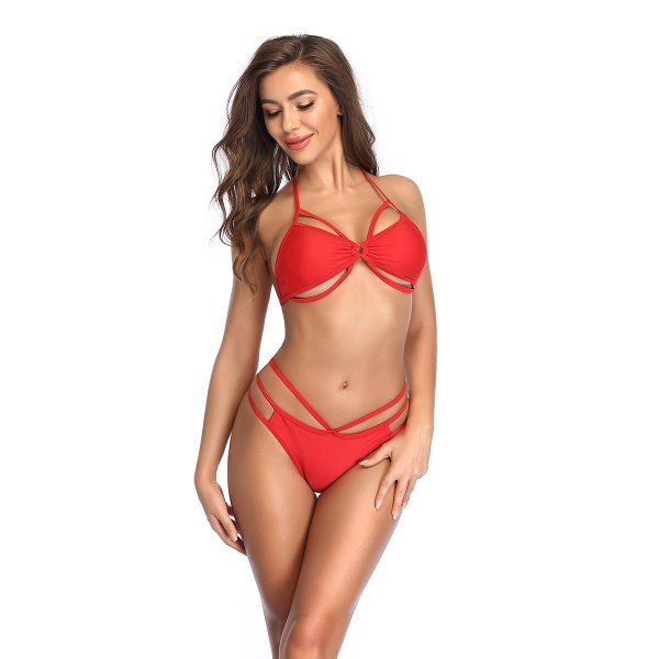 New triangle solid color multi rope hollow bikini women's swimsuit