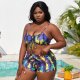 New Split Swimsuit Large Size Printed Mesh Three Piece Set for Women