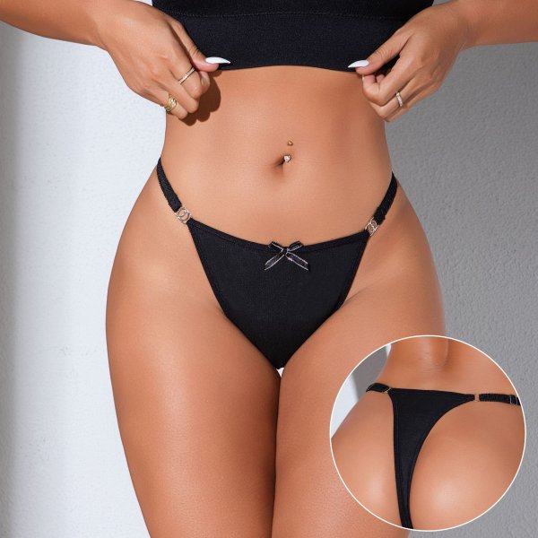 Black Knit Thong with Bow & Metal Hardware: Breathable Women's Underwear