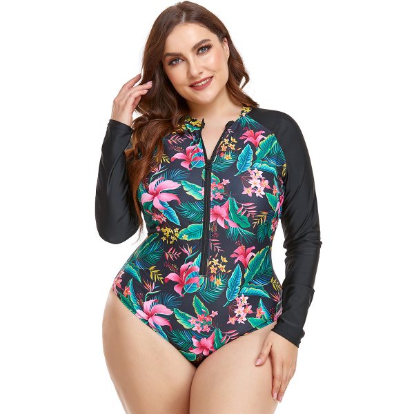 New one-piece swimsuit printed long sleeved zipper swimsuit women's plus size surfing suit