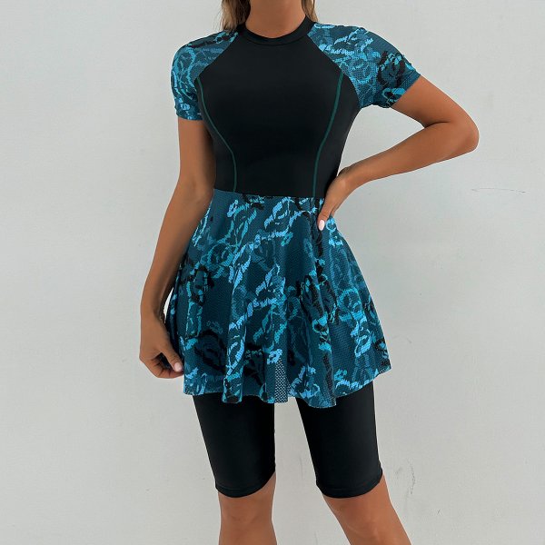 New Split Swimsuit Women's Conservative Sports Short Sleeve Skirt Printed Splicing Surfing Suit