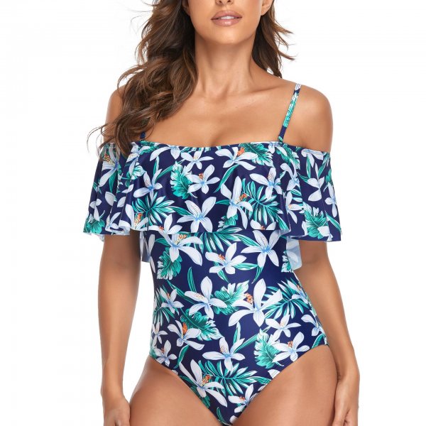New one-piece swimsuit conservative tight print ruffle edge swimsuit for women