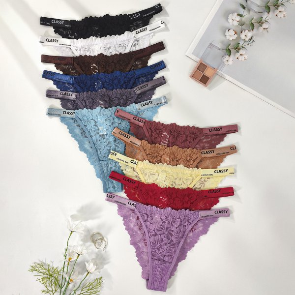 Lace sexy explosive low waist embroidered flower thong for women