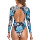 New tropical printed one-piece swimsuit with long sleeves and sun protection for women