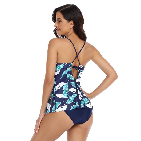 New women's retro printed conservative belly covering camisole skirt triangular split swimsuit