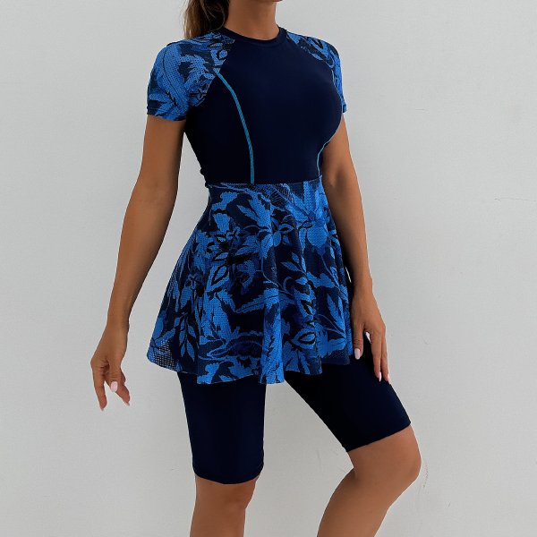 New Split Swimsuit Women's Conservative Sports Short Sleeve Skirt Printed Splicing Surfing Suit