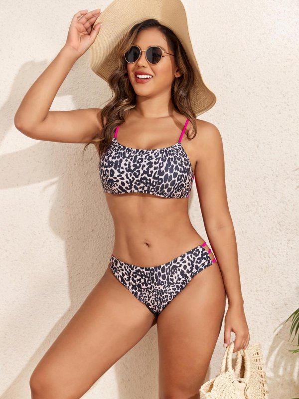 2026 new split swimsuit leopard print minimalist bikini with chest cushion women's sexy beach swimsuit women