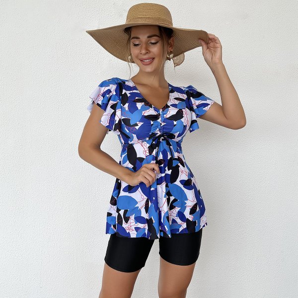 New skirt style printed swimsuit women's belly covering flat corner conservative Tankini set