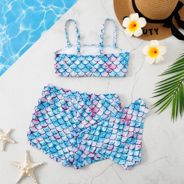 New children's swimsuit split print floral three piece shorts bikini