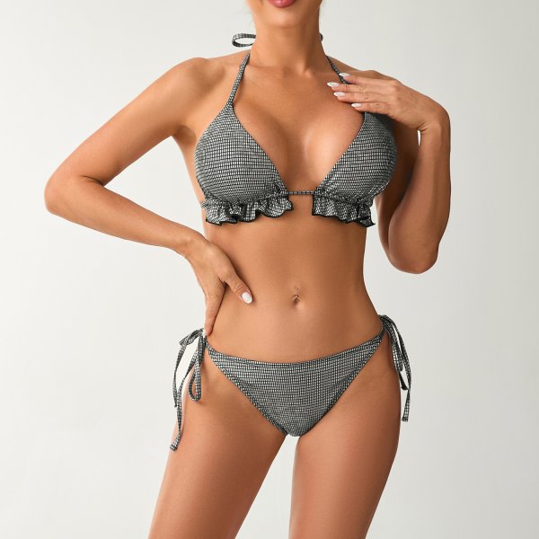 Black/Rose Red Plaid Halter Bikini Set: Ruffled Push-Up Swimsuit