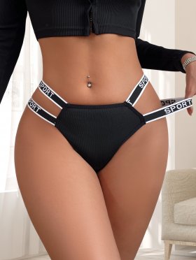 Black Ribbed Thong with 'SPORT' Print Straps: Quick-Dry Breathable Teen Underwear
